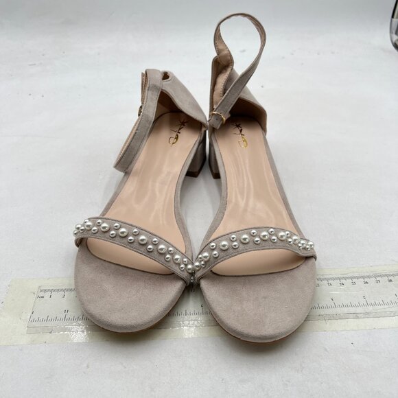 XYD Nude Pearls Open Toe Strappy Low Block Heel Sandal Ankle Strap with Buckle - Picture 3 of 8